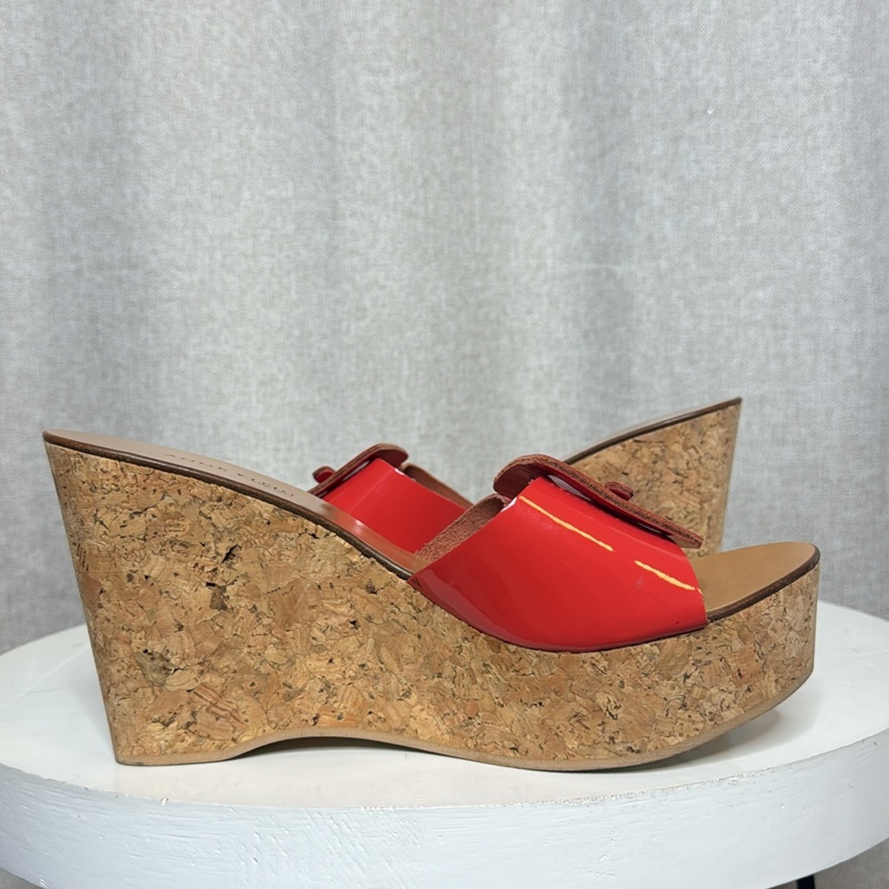 ANNE KLEIN LEXA RED PATENT CORK PLATFORM WEDGE SANDALS BUCKLE SLIDE **NWT** - Picture 6 of 14